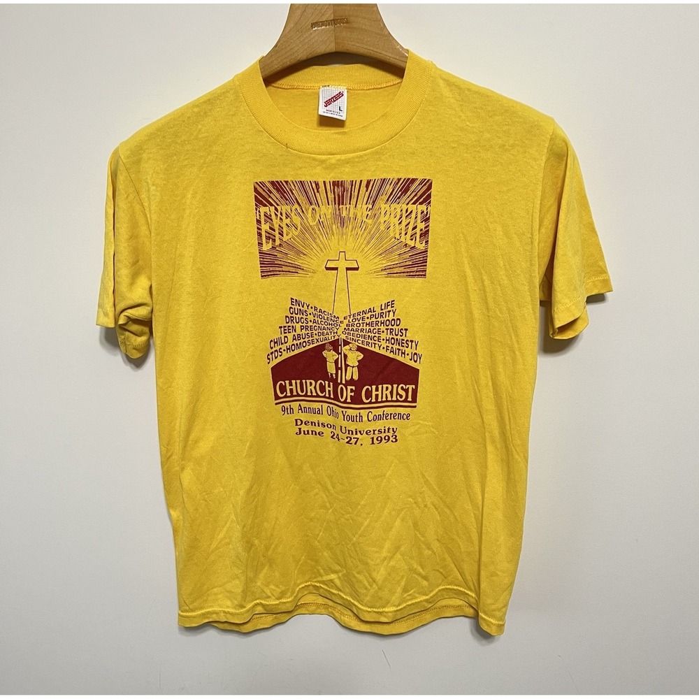 Vintage‎ Controversial Religious Church Camp Shirt Sins Sz M 80s Yellow Bible